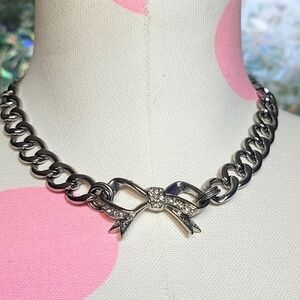 Y2k Vintage Juicy Couture Silver Chunky Rhinestone Bow Choker Chain Necklace